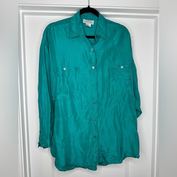 Vintage Croquet Club Women’s Teal 100% Silk Button Down / Button Up Blouse, Sz M - Picture 3 of 6